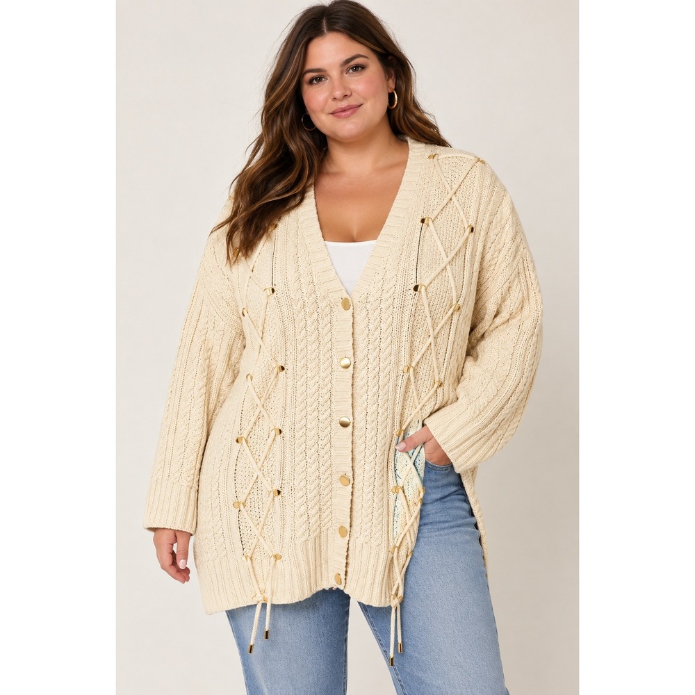 Carole Little Knitwear Cream Cable Knit Lace Up Cardigan Sweater Gold Buttons XL